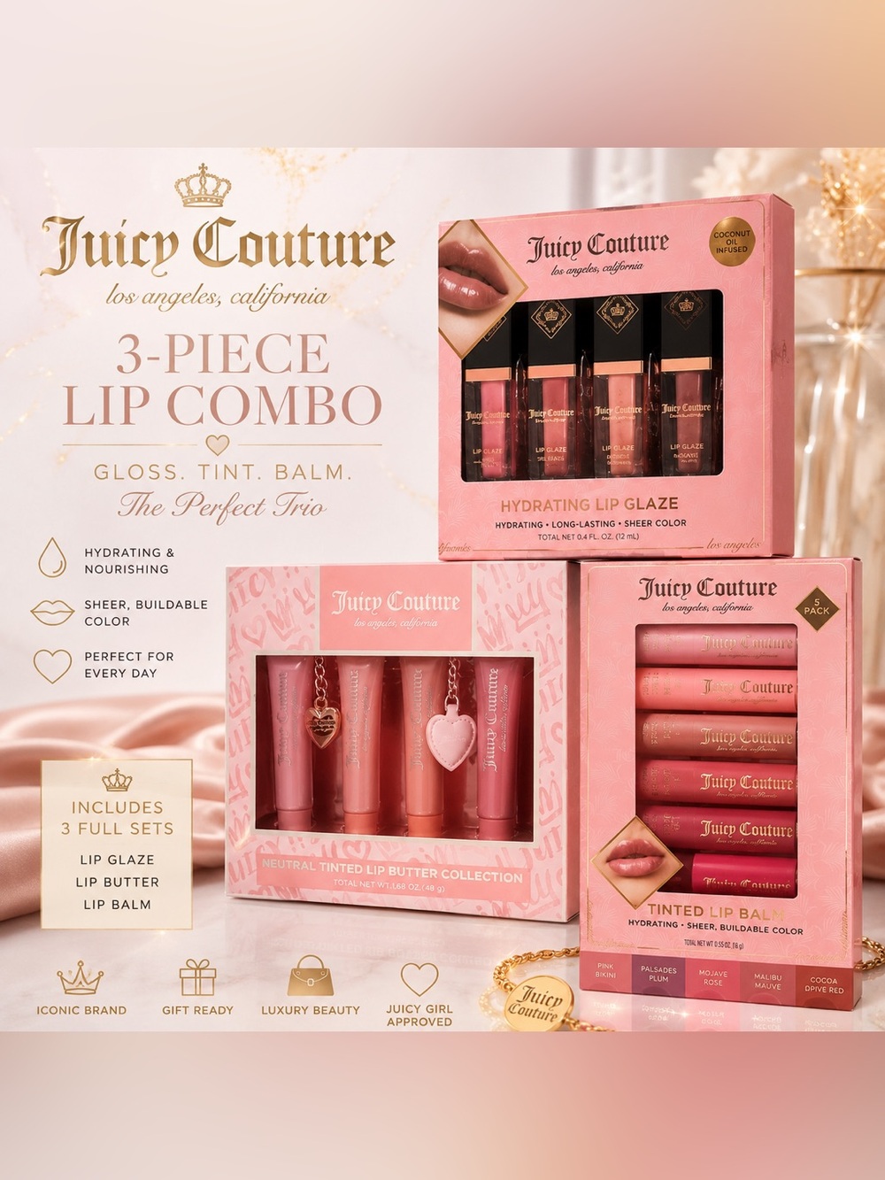 Juicy Couture Pink 3-Piece Lip Set – Gloss, Tint & Balm Trio